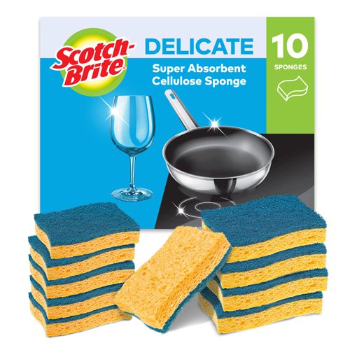 Scotch-Brite Delicate Non-Sctratch Cellulose Scrub Sponge, 10 pieces - highly absorbent scourer ideal for everyday cleaning tasks