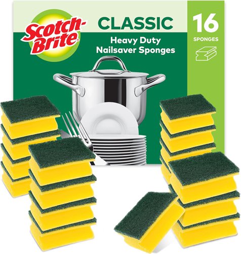 Scotch-Brite Classic Nail Saver Heavy Duty Scrub Sponge, 16 pieces in pack
