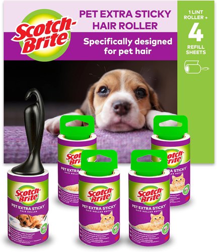 Scotch-Brite Pet Extra Sticky* Hair Roller 48 sheets + 4 Scotch-Brite Pet Extra Sticky* Hair Roller Refill 48 sheets, 5/Pack - EU1