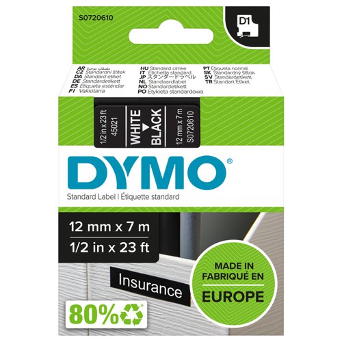 OEM Dymo 45021 S0720610) D1 Label Tape 12mmx7m White on Black