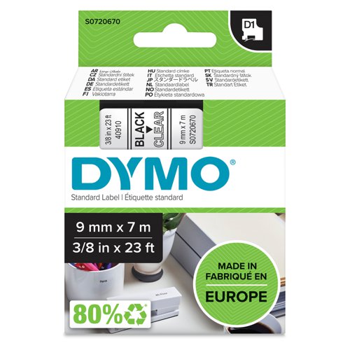 OEM Dymo 40910:S0720670 DirectLabel-etikettes black on Transparent 9mm x 7m for Dymo D1 6-19mm/24mm/9-12mm/9-19mm/400 Duo