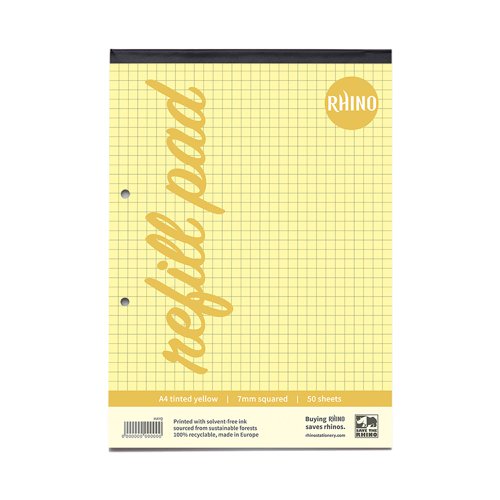 RHINO A4 Yellow Paper Refill Pad 100 Page 7mm Squared (Pack of 36)