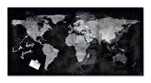 SIGEL Magnetic glass board Artverum - design World-Map - 91 x 46 cm - black - safety glass - TUEV-approved