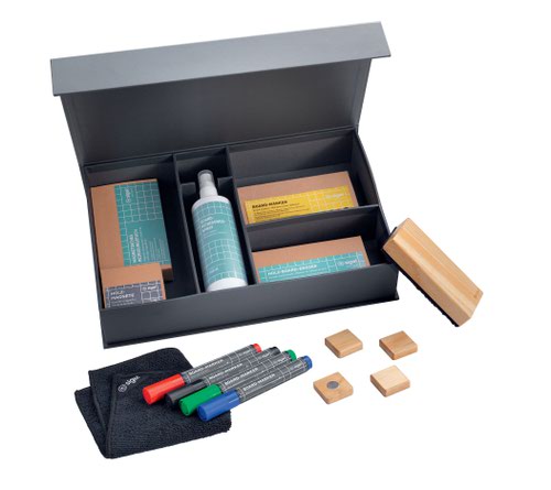 Starter set for boards - 4x Board Markers, 4x Wooden Square Magnets, 1x Wooden Board Eraser, 1x Spare Pad, 1x Magnetic Cleaning Cloth, 1x Cleaning Spr