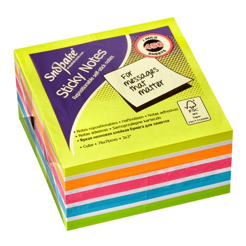 FSC Multicoloured Rainbow NeonMix Sticky Notes 450 sheet Cube- 1 Cube